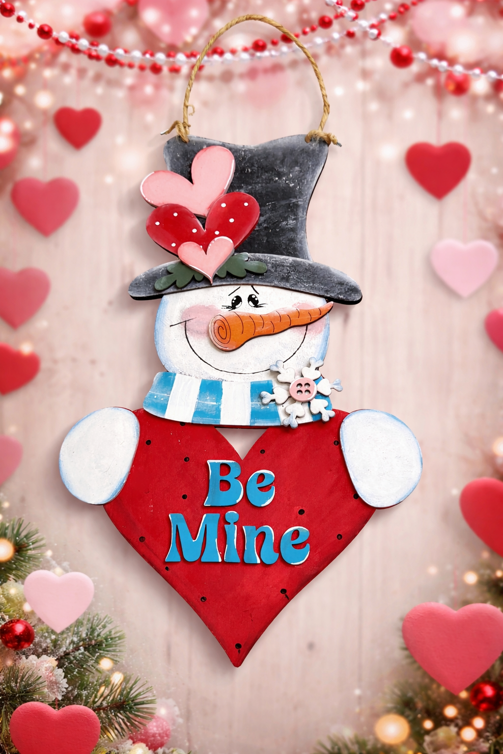 Valentine Snowman Hanging Sign – Unfinished Wood Kit ❤️⛄
